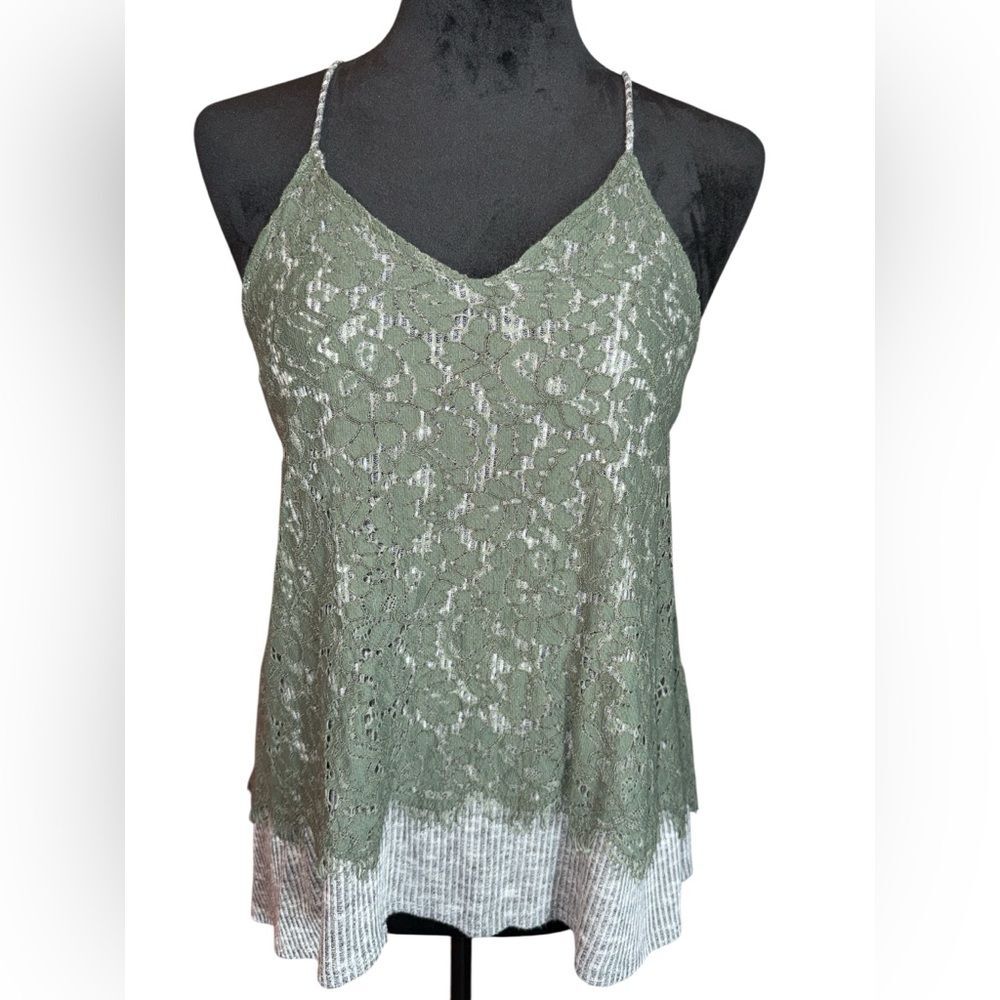 Xhilaration Olive Green Elegant Lace Overlay Tank, Size Medium